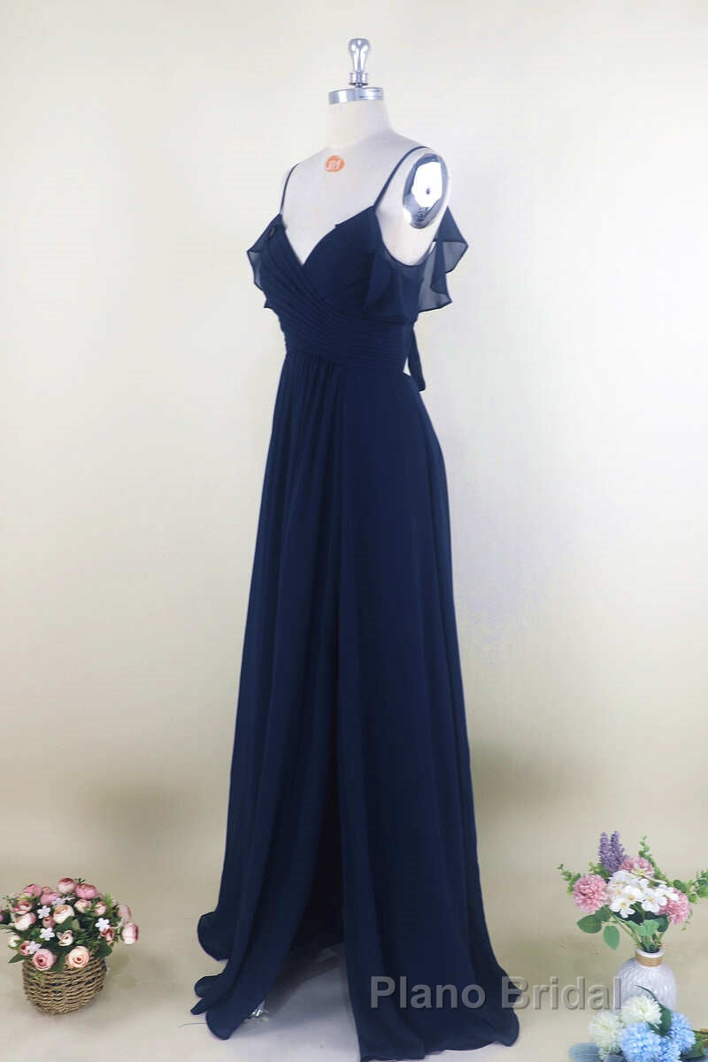 Navy Blue Chiffon Cold-Shoulder A-Line Long Bridesmaid Dresses