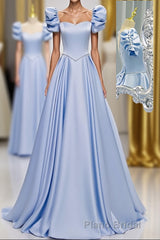 Blue Satin Backless Long Formal Prom Dresses, Blue Evening Dresses