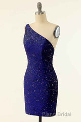 Pink Sequin One-Shoulder Backless Short Prom Dresses