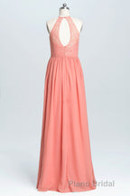 Halter Coral A-line Lace and Chiffon Long Bridesmaid Dresses