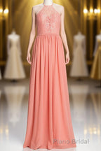 Halter Coral A-line Lace and Chiffon Long Bridesmaid Dresses