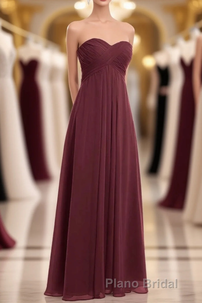 Burgundy Chiffon Strapless Sweetheart A-Line Long Bridesmaid Dresses Main image