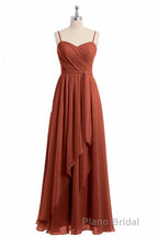 Rust Orange Spaghetti Straps Sweetheart Ruffled Long Bridesmaid Dresses