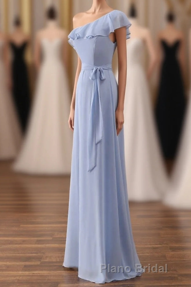 Periwinkle One-Shoulder Ruffled A-Line Long Bridesmaid Dresses Main image