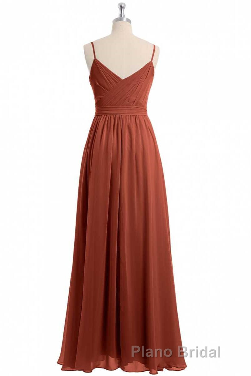 Rust Orange Spaghetti Straps Sweetheart Ruffled Long Bridesmaid Dresses