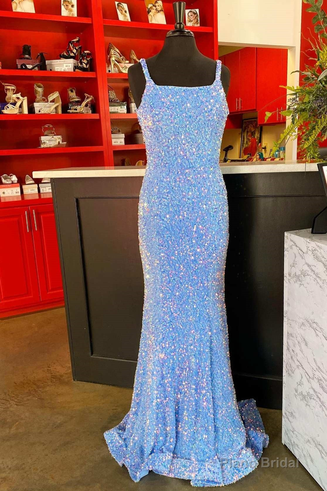 Blue Iridescent Sequin Straps Backless Mermaid Long Prom Dress Main image