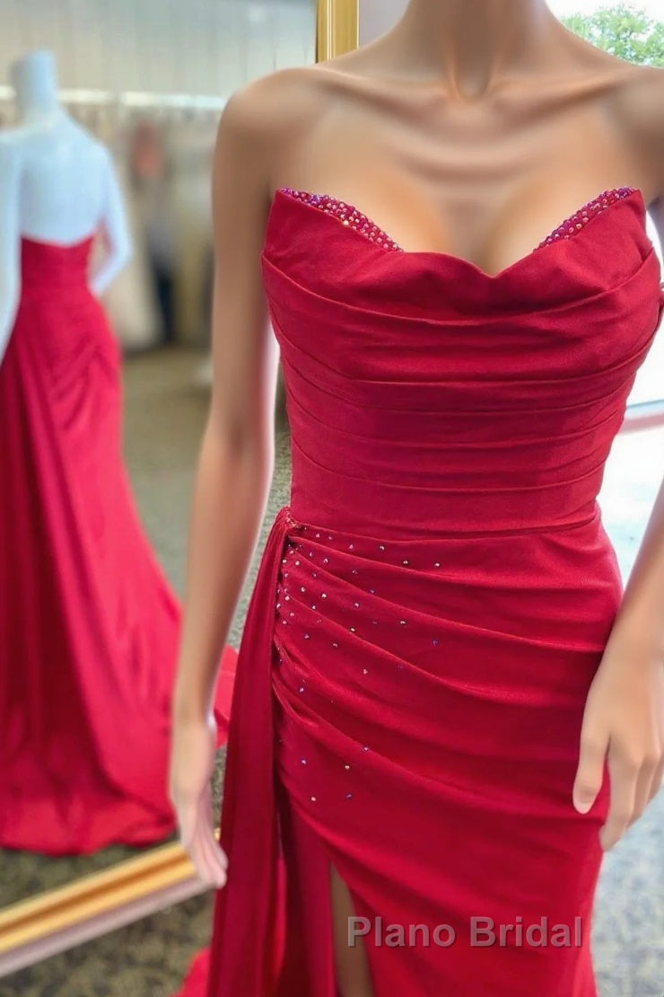 Red Beaded Strapless Mermaid Long Dresses with Attached Train Main image