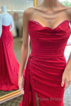Red Beaded Strapless Mermaid Long Dresses with Attached Train
