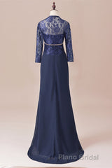 Navy Blue Two-Piece Sweetheart Ruffled Long Mother of the Bride Dresses