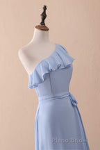 Periwinkle One-Shoulder Ruffled A-Line Long Bridesmaid Dresses