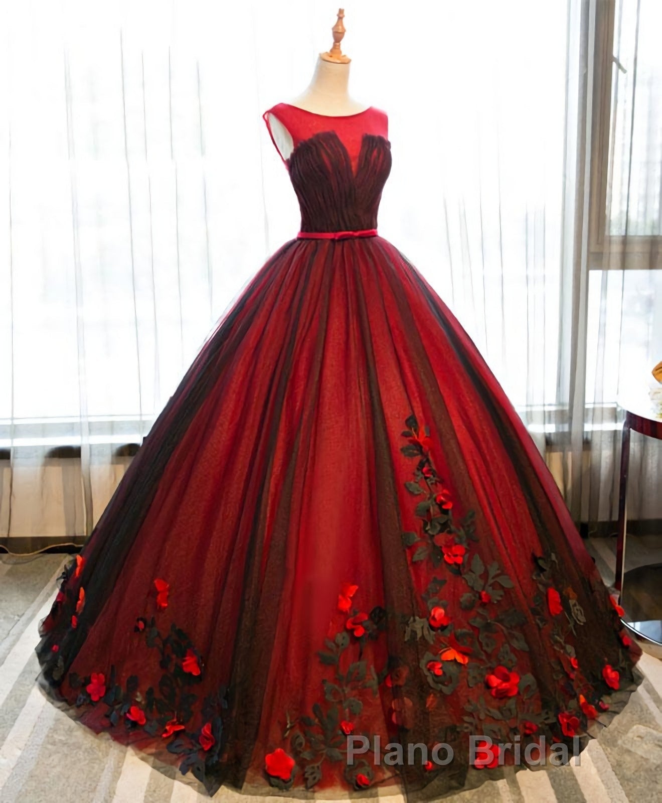 Burgundy Round Neck Tulle Lace Applique Long Formal Prom Dresses, Burgundy Evening Dresses