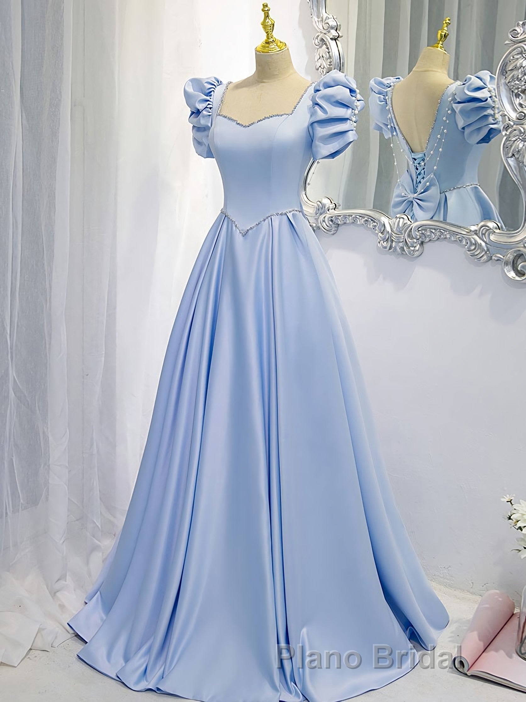 Blue Satin Backless Long Formal Prom Dresses, Blue Evening Dresses