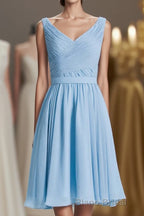 Blue Chiffon A-line Pleated Short Bridesmaid Dresses