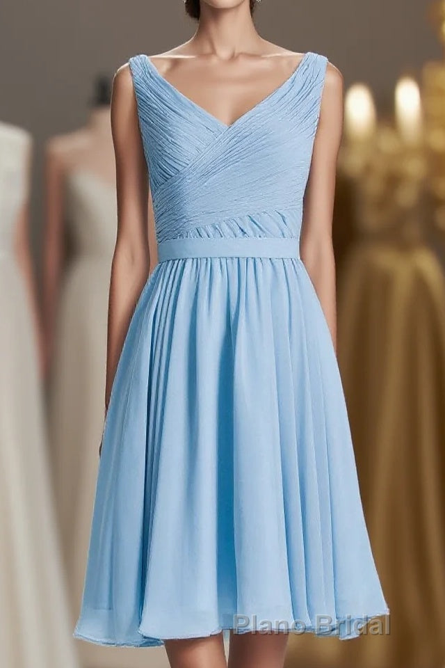 Blue Chiffon A-line Pleated Short Bridesmaid Dresses