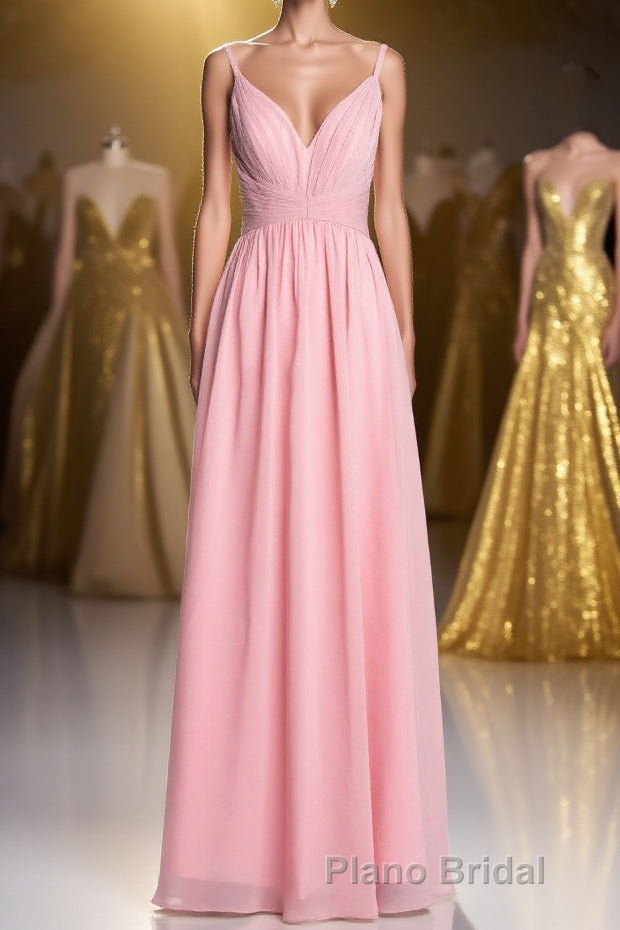 Pink Straps A-line Pleated Long Bridesmaid Dresses Main image