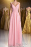 Pink Straps A-line Pleated Long Bridesmaid Dresses