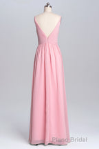 Pink Straps A-line Pleated Long Bridesmaid Dresses