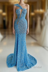 Ocean Blue Sequins One-Shoulder Mermaid Long Formal Prom Dress With Split