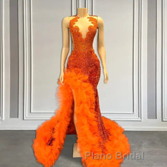 Orange Sleeveless Mermaid Formal Prom Dress with Side Slit and Tulle Beadings