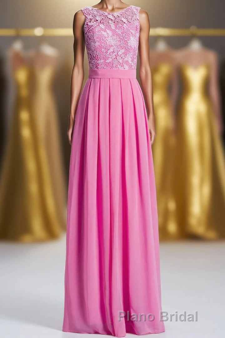 Pink A-line Lace and Chiffon Long Bridesmaid Dresses Main image