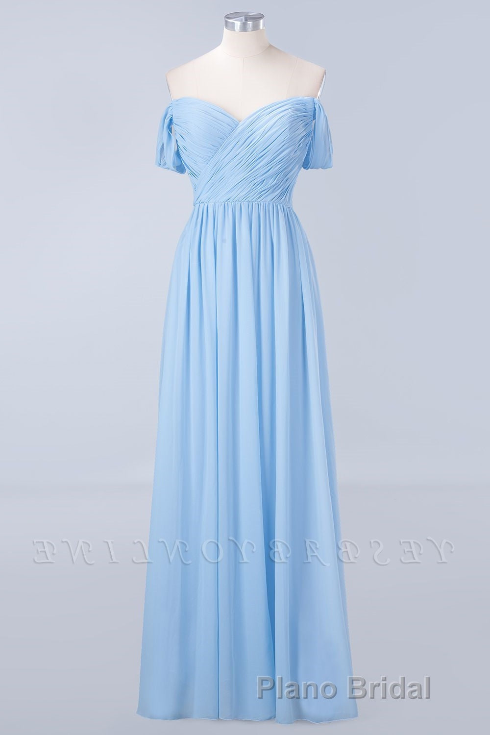 Blue Off the Shoulder Pleated Chiffon Long Bridesmaid Dresses