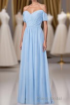 Blue Off the Shoulder Pleated Chiffon Long Bridesmaid Dresses