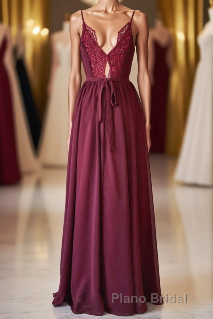 Magenta Chiffon V-Neck Spaghetti Straps Long Bridesmaid Dresses