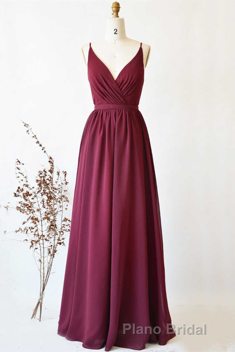 Magenta Chiffon V-Neck Spaghetti Straps Long Bridesmaid Dresses