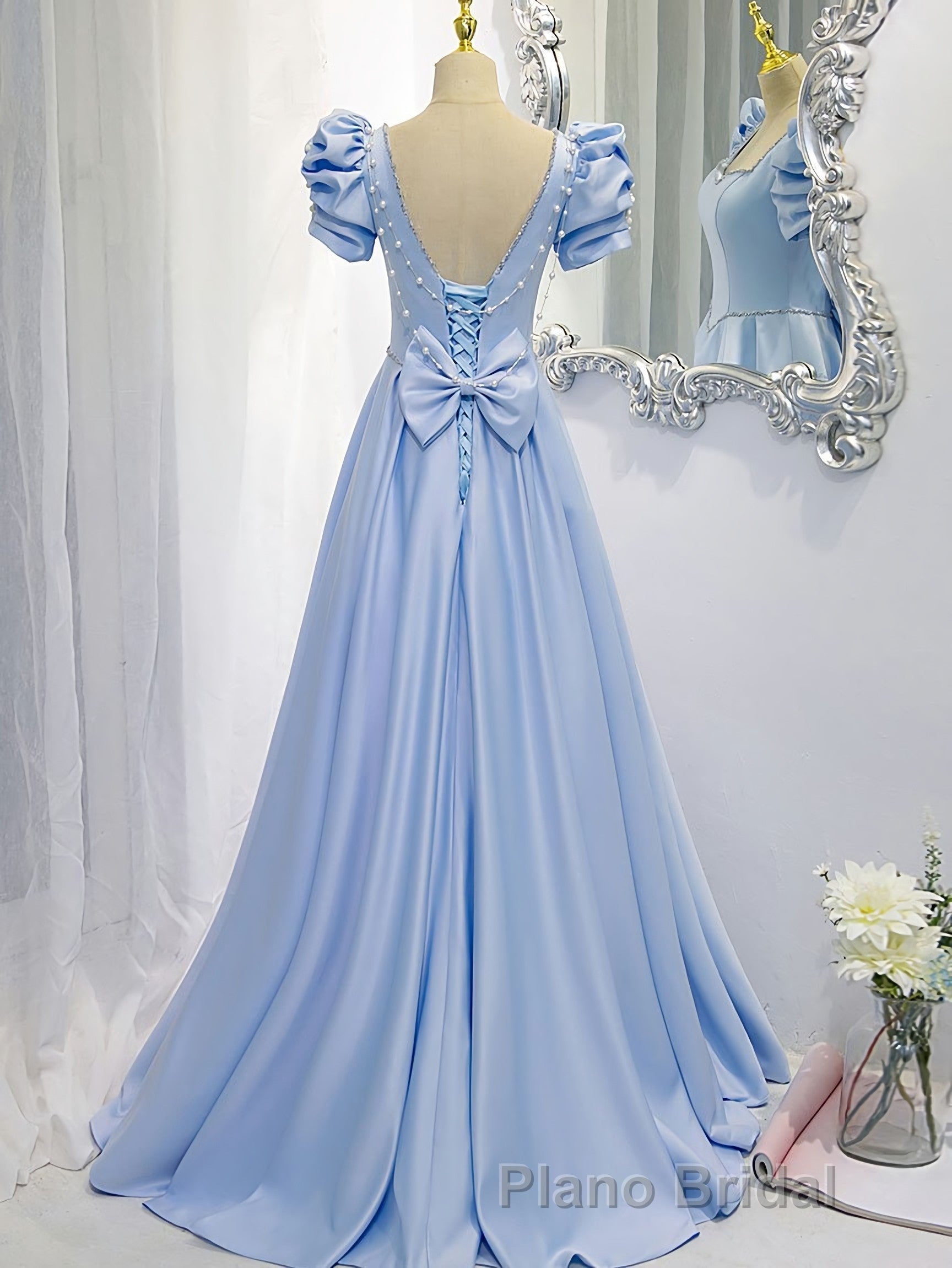 Blue Satin Backless Long Formal Prom Dresses, Blue Evening Dresses