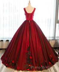 Burgundy Round Neck Tulle Lace Applique Long Formal Prom Dresses, Burgundy Evening Dresses