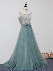 Green A Line Tulle Lace Long Formal Prom Dresses, Green Tulle Prom Dresses