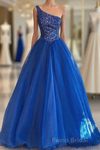 Blue Beaded One-Shoulder A-Line Long Formal Prom Dresses