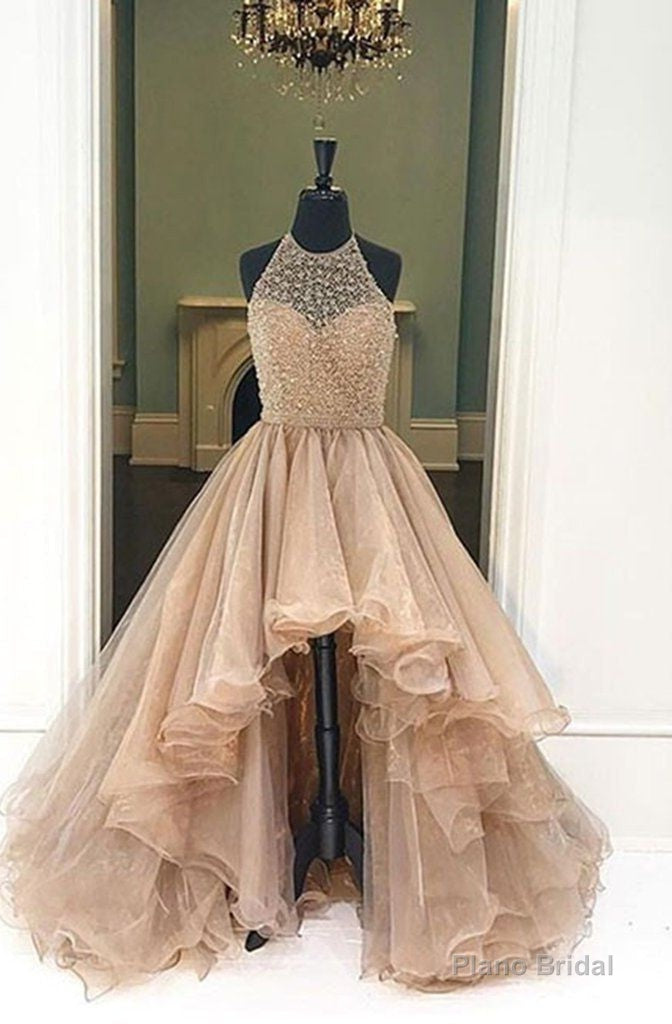 2025 Halter Beaded High Low Organza Champagne Prom Dresses Main image