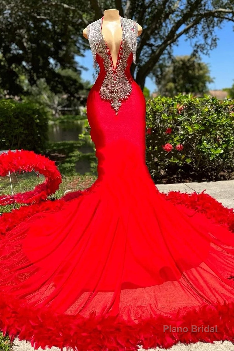 Deep V-neck Mermaid Ruby Feather Silver Beaded Prom Dresses Main image