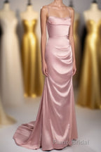 Pink Scoop Neck Lace-Up Back Long Prom Dresses with Slit