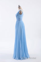 Blue Pleated A-line Chiffon Long Bridesmaid Dresses