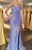 Purple Iridescent Sequin Empire Waist Lace-Up Mermaid Long Dresses with Slit