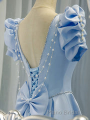 Blue Satin Backless Long Formal Prom Dresses, Blue Evening Dresses