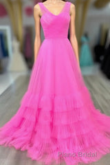 Hot Pink Illusion Strapless A-line Layers Tulle Long Formal Prom Dresses