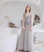 Champagne Prom Dresses Tulle Beading Luxury V Neck Long Sleeves Evening Dress 2025 Long Evening Party Dresses Women Robe De Luxe Femme Backless A Line Prom Gown
