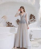 Champagne Prom Dresses Tulle Beading Luxury V Neck Long Sleeves Evening Dress 2025 Long Evening Party Dresses Women Robe De Luxe Femme Backless A Line Prom Gown