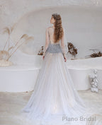 Champagne Prom Dresses Tulle Beading Luxury V Neck Long Sleeves Evening Dress 2025 Long Evening Party Dresses Women Robe De Luxe Femme Backless A Line Prom Gown