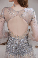Champagne Prom Dresses Tulle Beading Luxury V Neck Long Sleeves Evening Dress 2025 Long Evening Party Dresses Women Robe De Luxe Femme Backless A Line Prom Gown