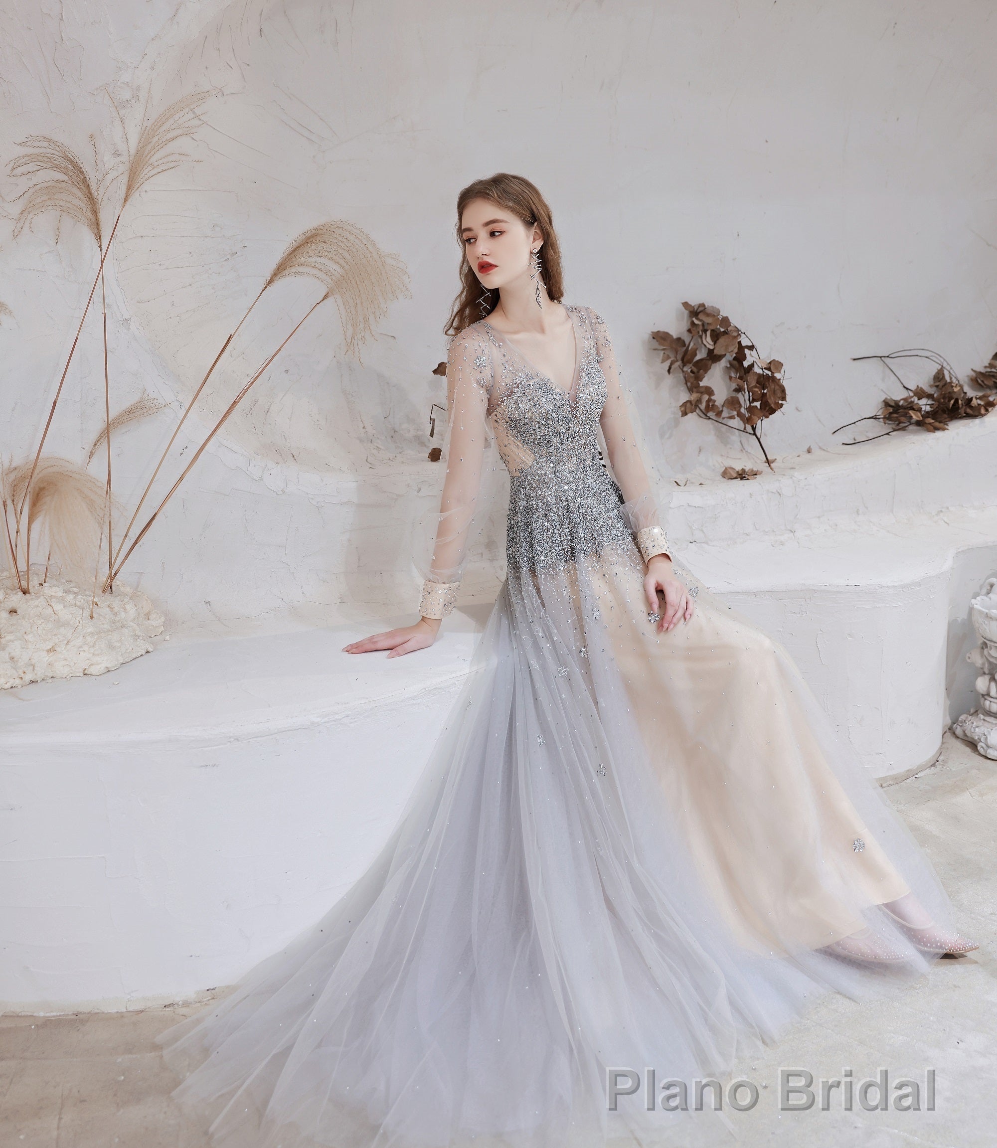 Champagne Prom Dresses Tulle Beading Luxury V Neck Long Sleeves Evening Dress 2025 Long Evening Party Dresses Women Robe De Luxe Femme Backless A Line Prom Gown