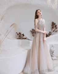 A Line Bateau Prom Dress, Long Neck With Train Sleeveless Zipper Formal Party Dresses