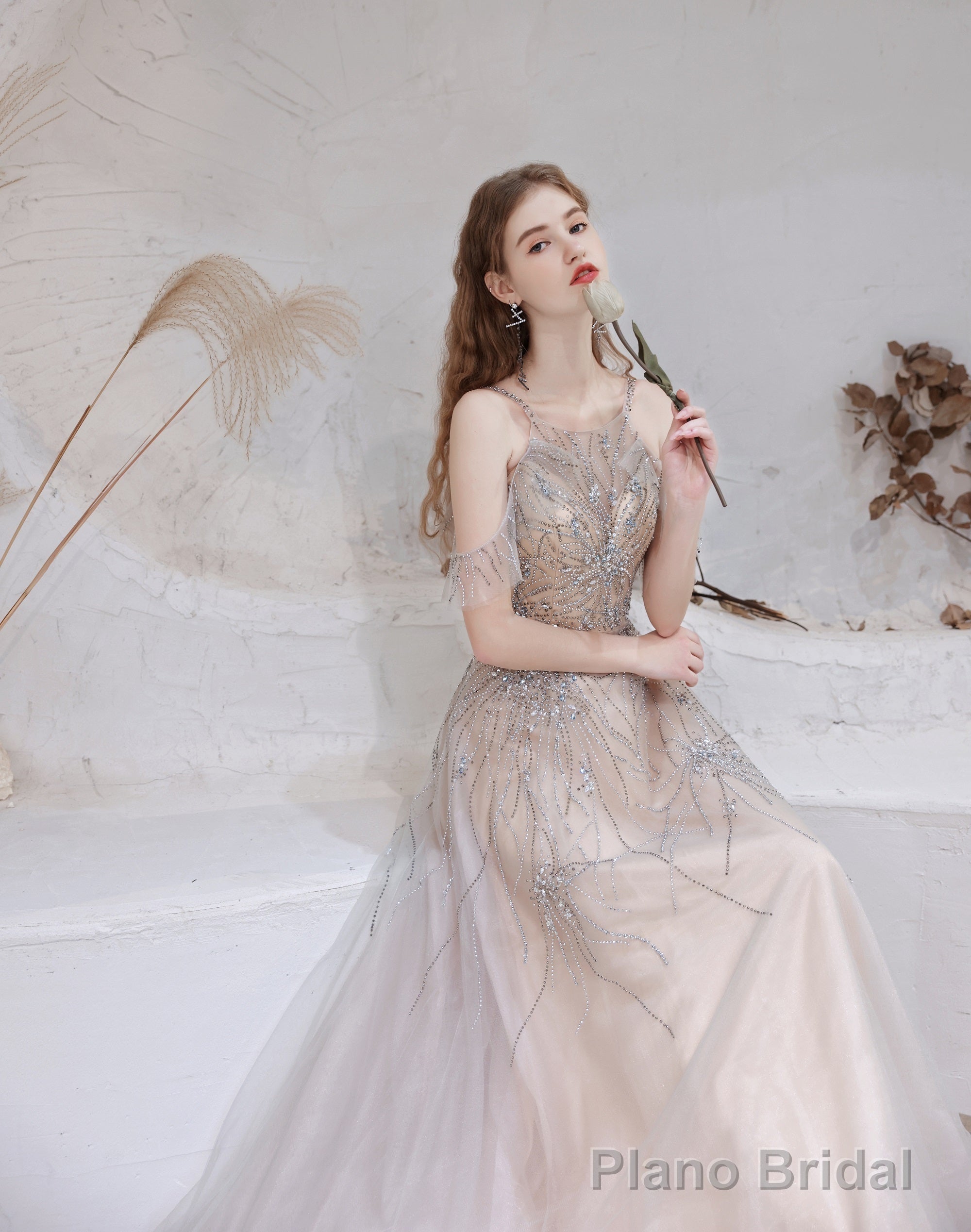 A Line Bateau Prom Dress, Long Neck With Train Sleeveless Zipper Formal Party Dresses