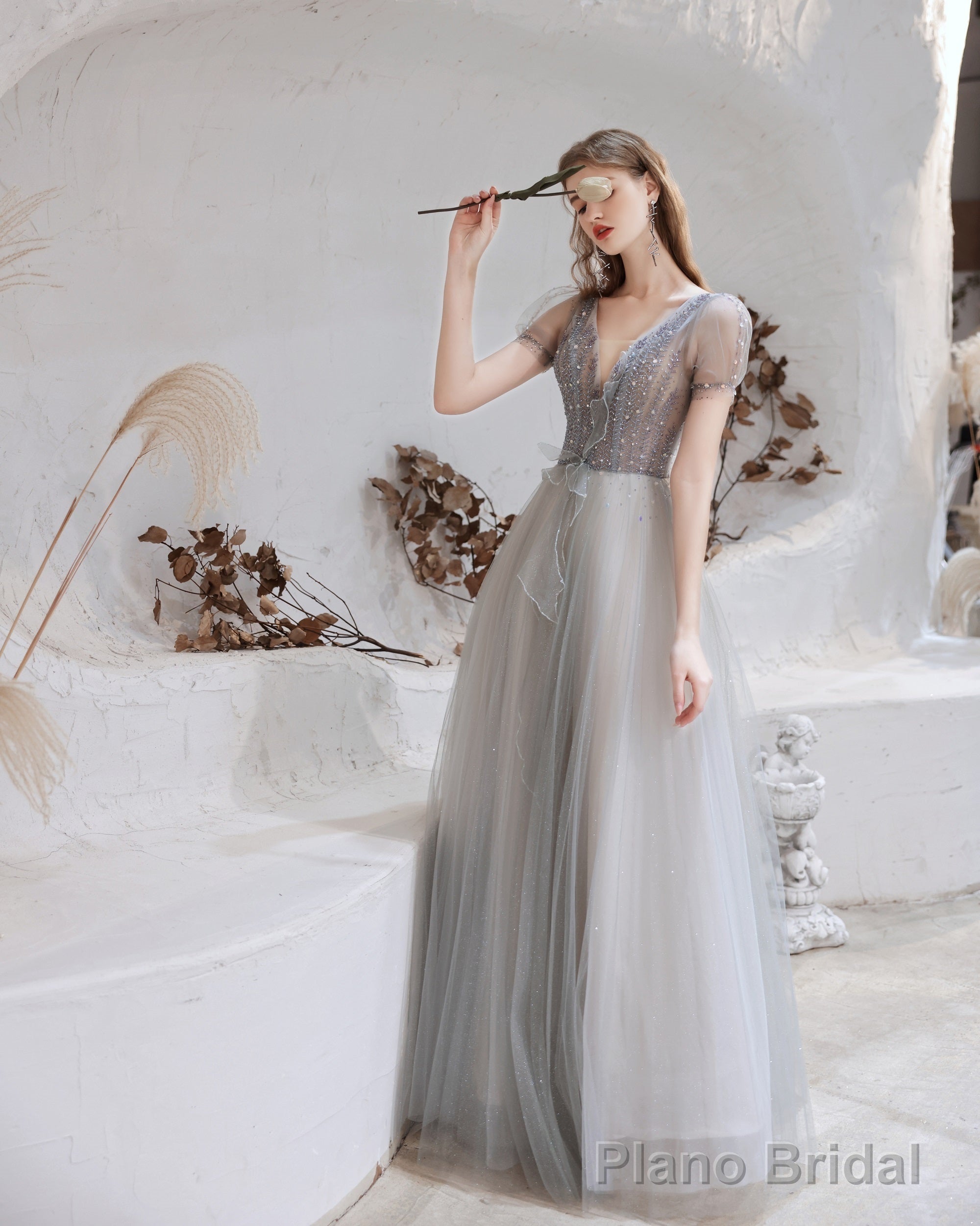 Elegant Prom Dress, Formal V Neck Short Sleeves Beaded Tulle Dresses, A Ling Floor Length