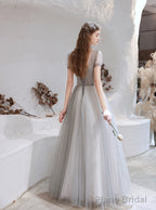 Elegant Prom Dress, Formal V Neck Short Sleeves Beaded Tulle Dresses, A Ling Floor Length