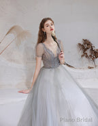 Elegant Prom Dress, Formal V Neck Short Sleeves Beaded Tulle Dresses, A Ling Floor Length