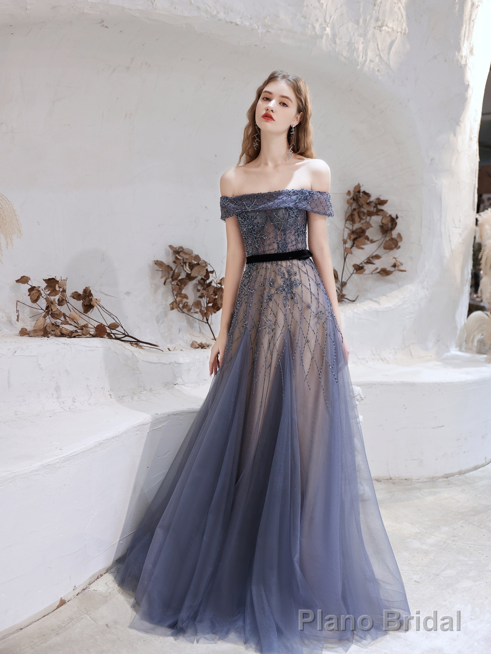 Evening Dress, Blue Prom Dresses, A Line Bateau Neck Floor Length Short Sleeves Zipper Formal Party Dresses, Pageant Dresses